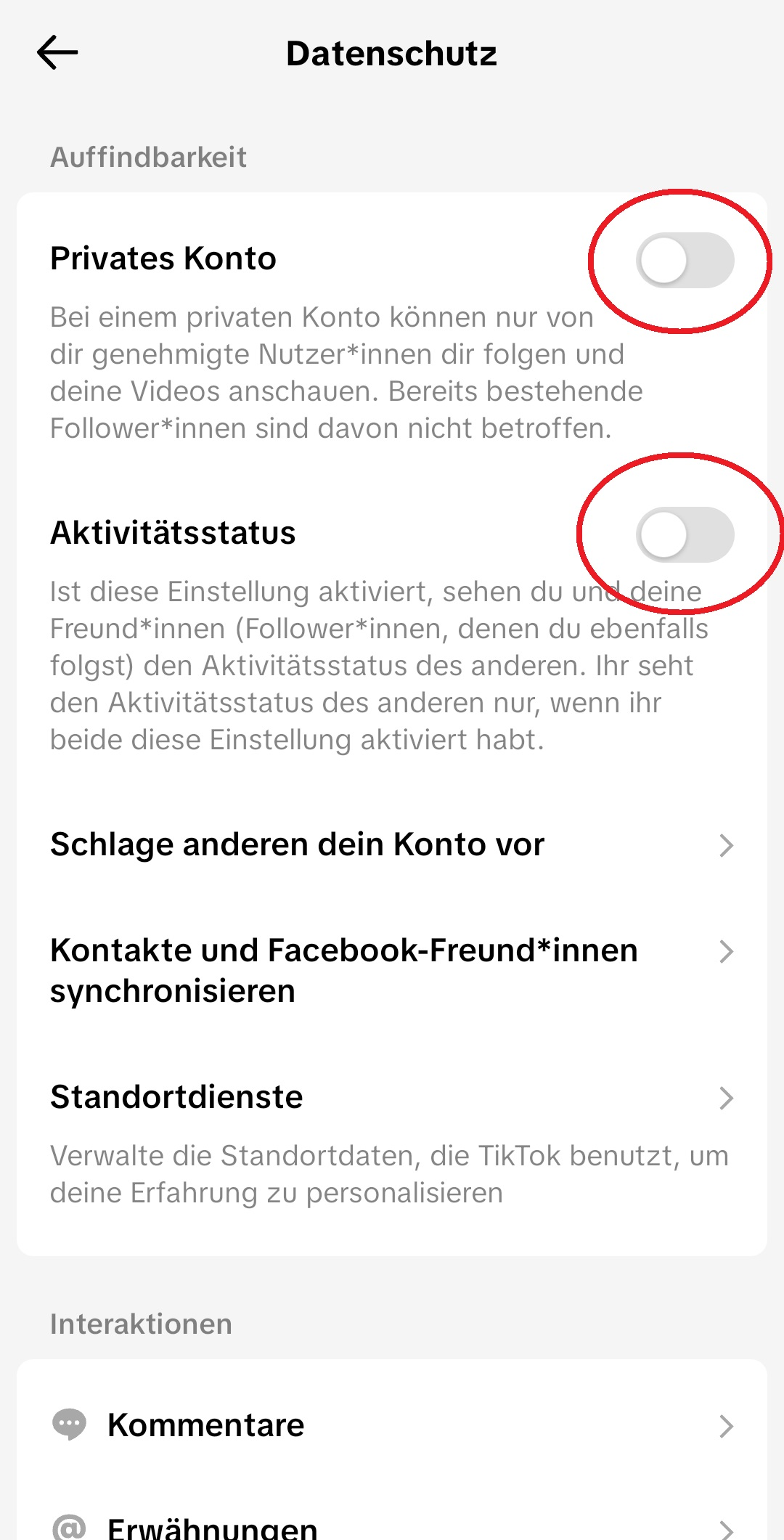 Privates Konto und Aktivitätsstatus deaktivieren