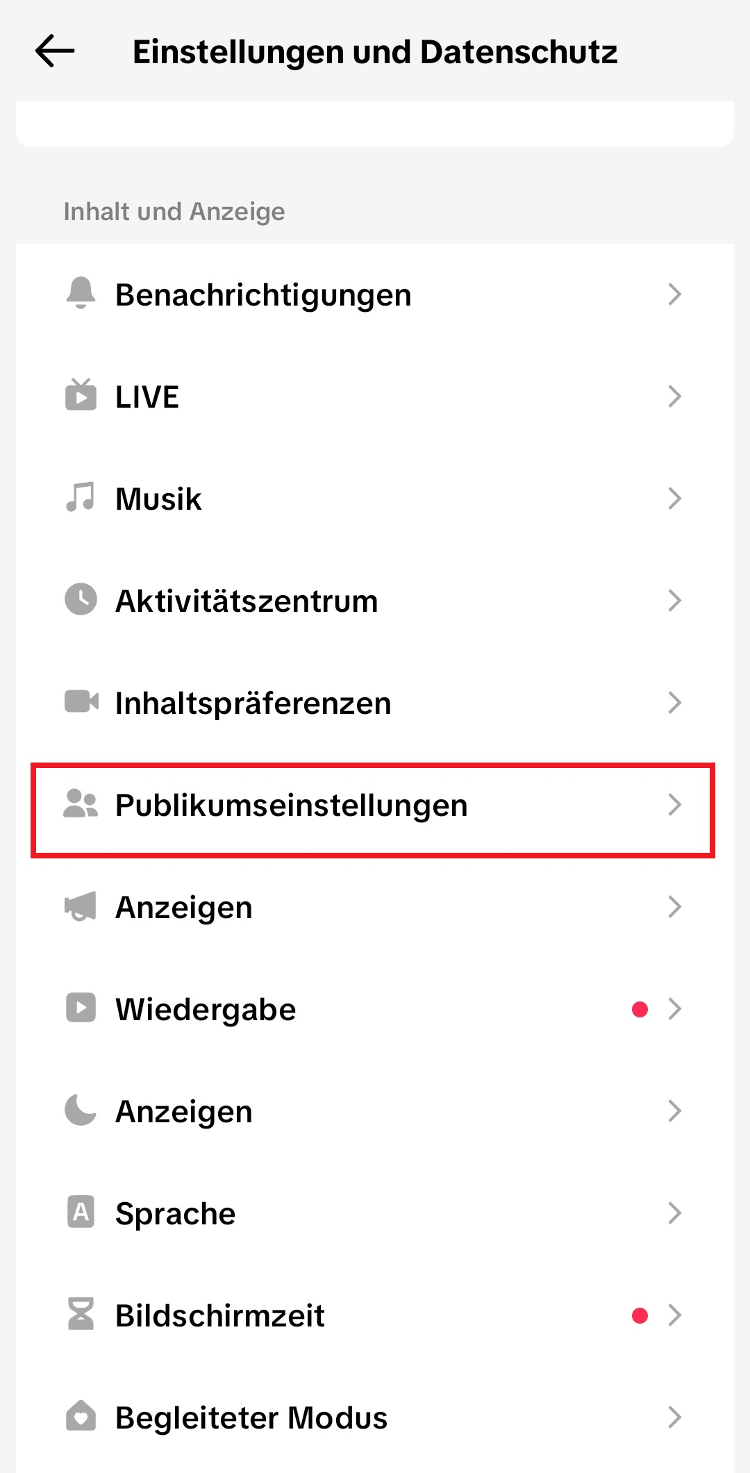 Zu den Publikumseinstellungen navigieren